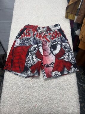 Romwe, Distinct skeleton with headphones Men's Red unlined Swim Trunks Sz Med
